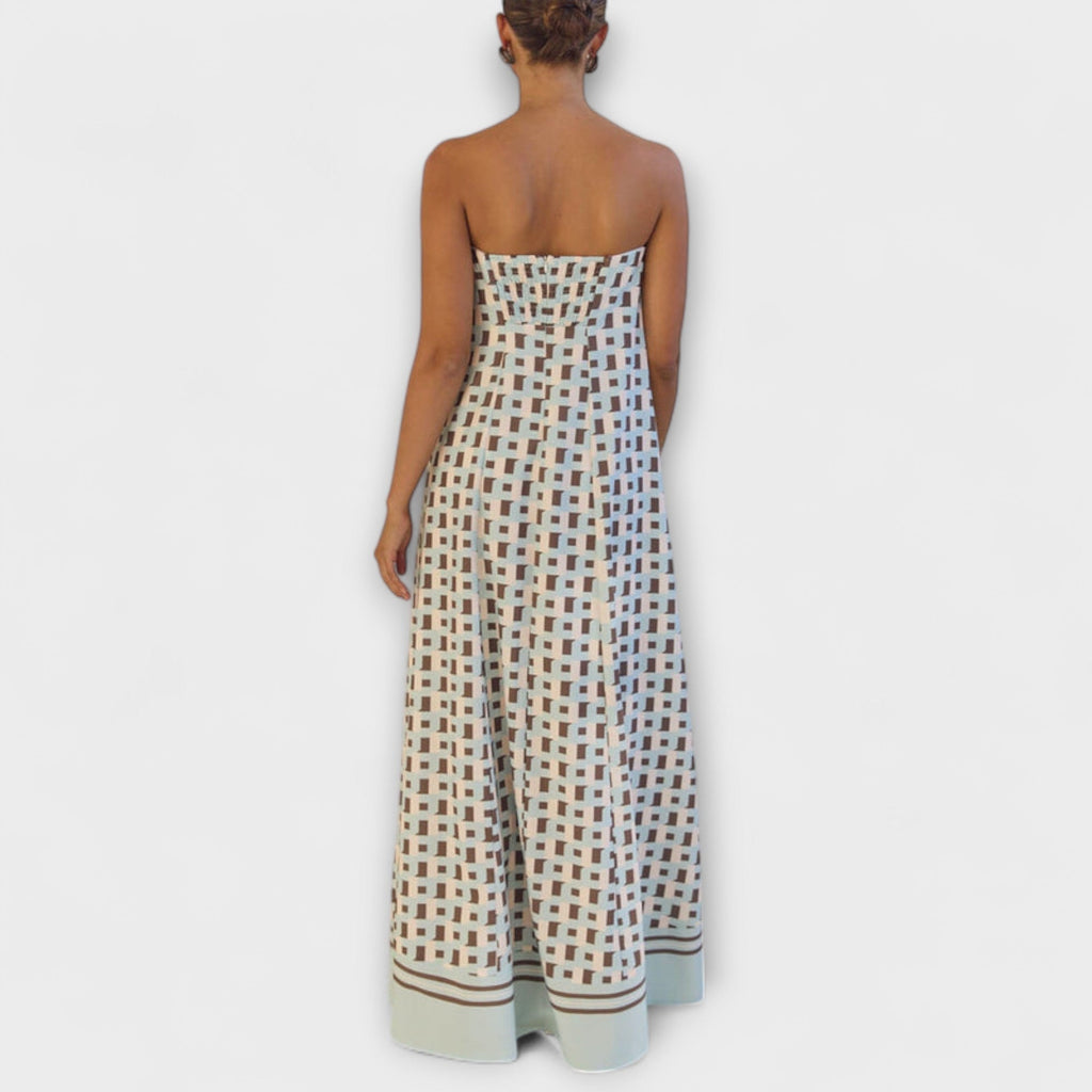 Marrón - Vestido maxi único con estampado geométrico y hombros descubiertos