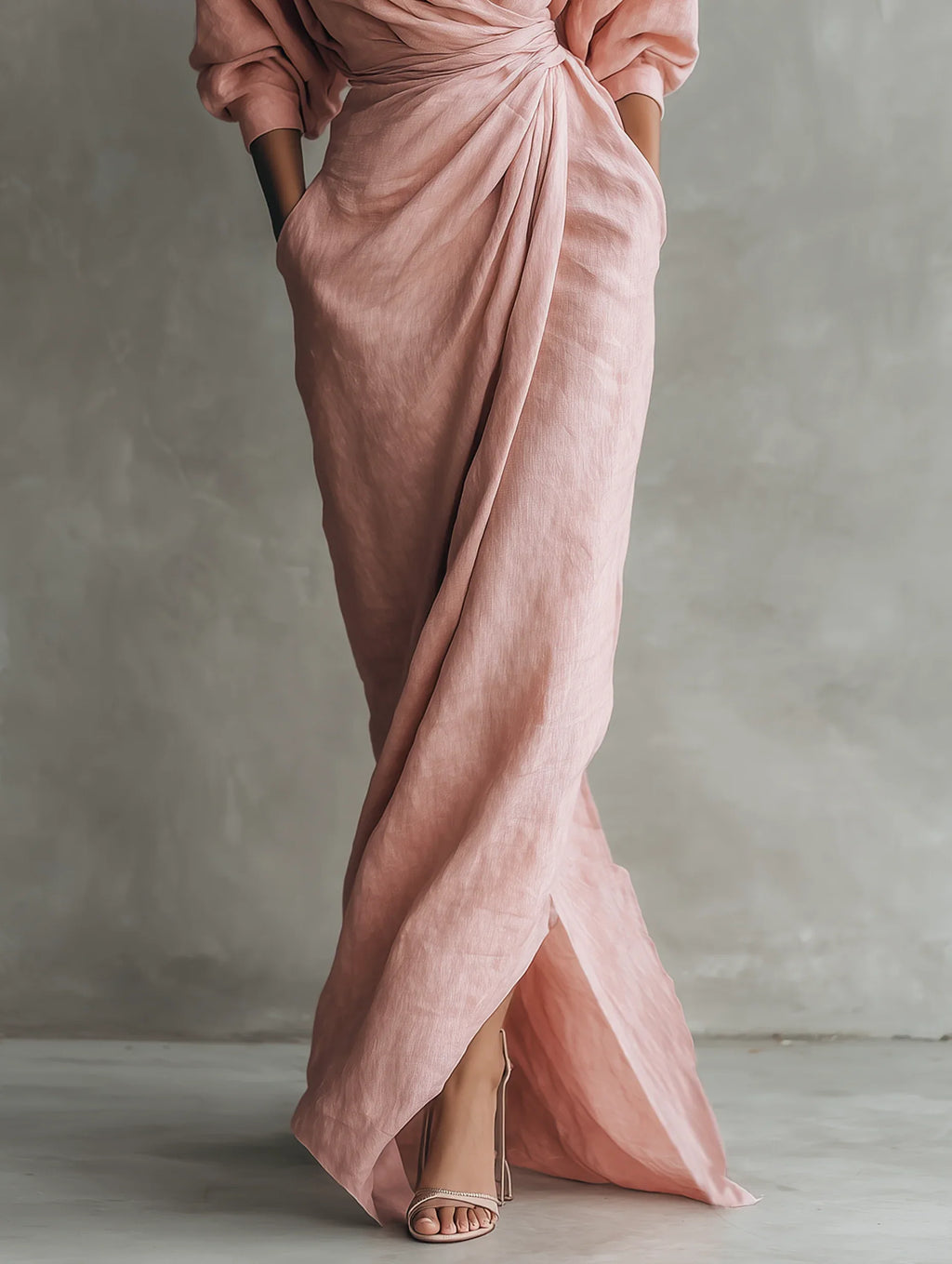 Vestido Maxi Minimalista Rosa con escote en V de lino mezclado para Mujer
