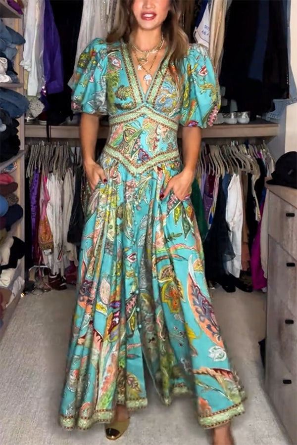 Vestido maxi aireado con mangas abullonadas y escote en V