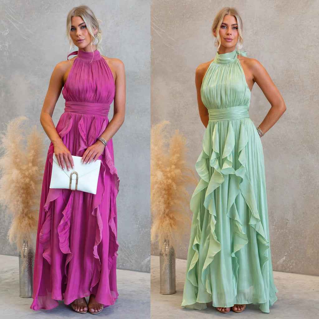 Vestido Maxi Halter Rizado Celestia