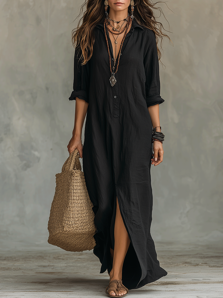 Vestido maxi bohemio negro con botones en la parte delantera