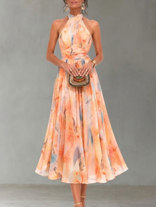 Aurora ™ Vestido con cuello halter y estampado acuarela