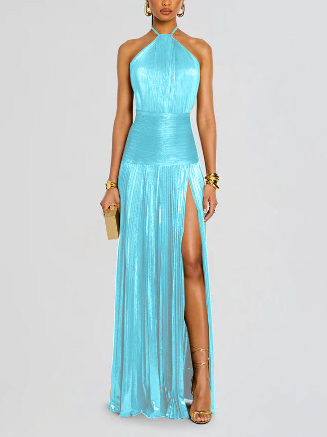 Vestido Halter Plisado Metálico de Moda