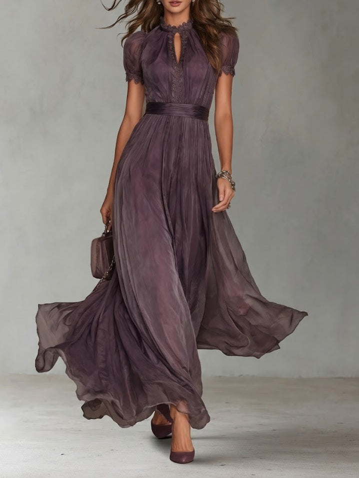Flavia ™ Vestido largo violeta con escote de lágrima y borde de encaje de chiffon