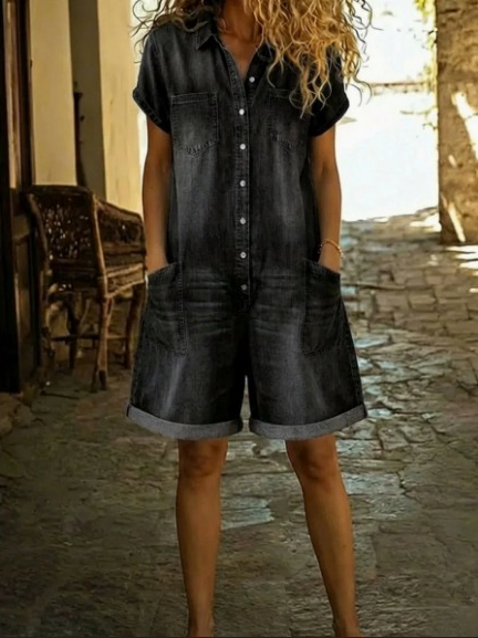 Elvora | Mono de denim con cuello y mangas cortas