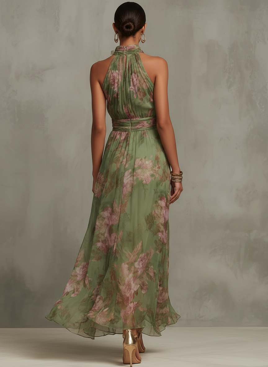 Serena ™ Vestido largo verde floral en chiffon con escote halter