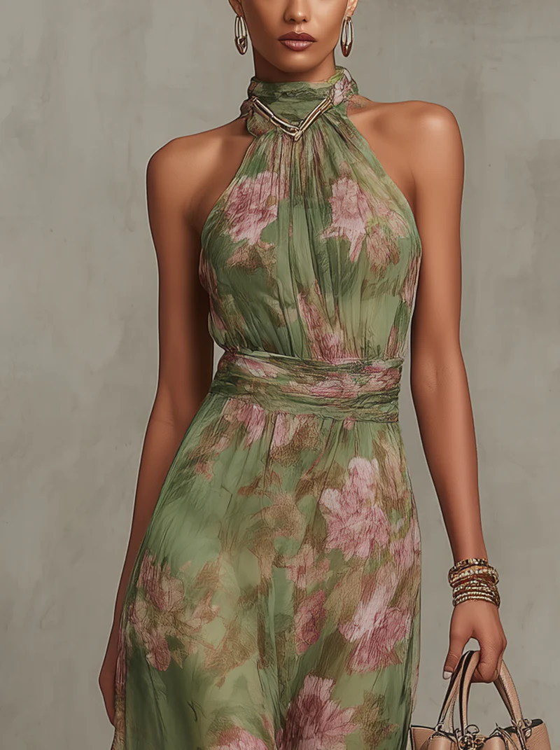 Serena ™ Vestido largo verde floral en chiffon con escote halter