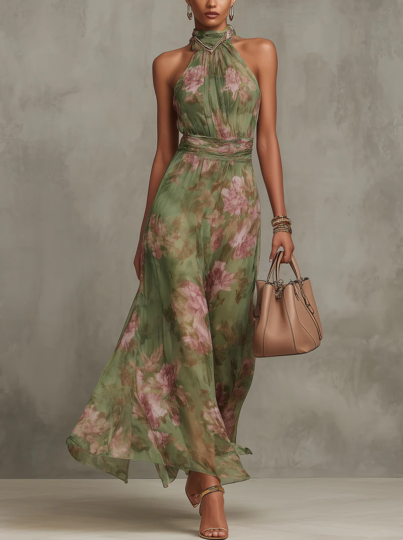 Serena ™ Vestido largo verde floral en chiffon con escote halter