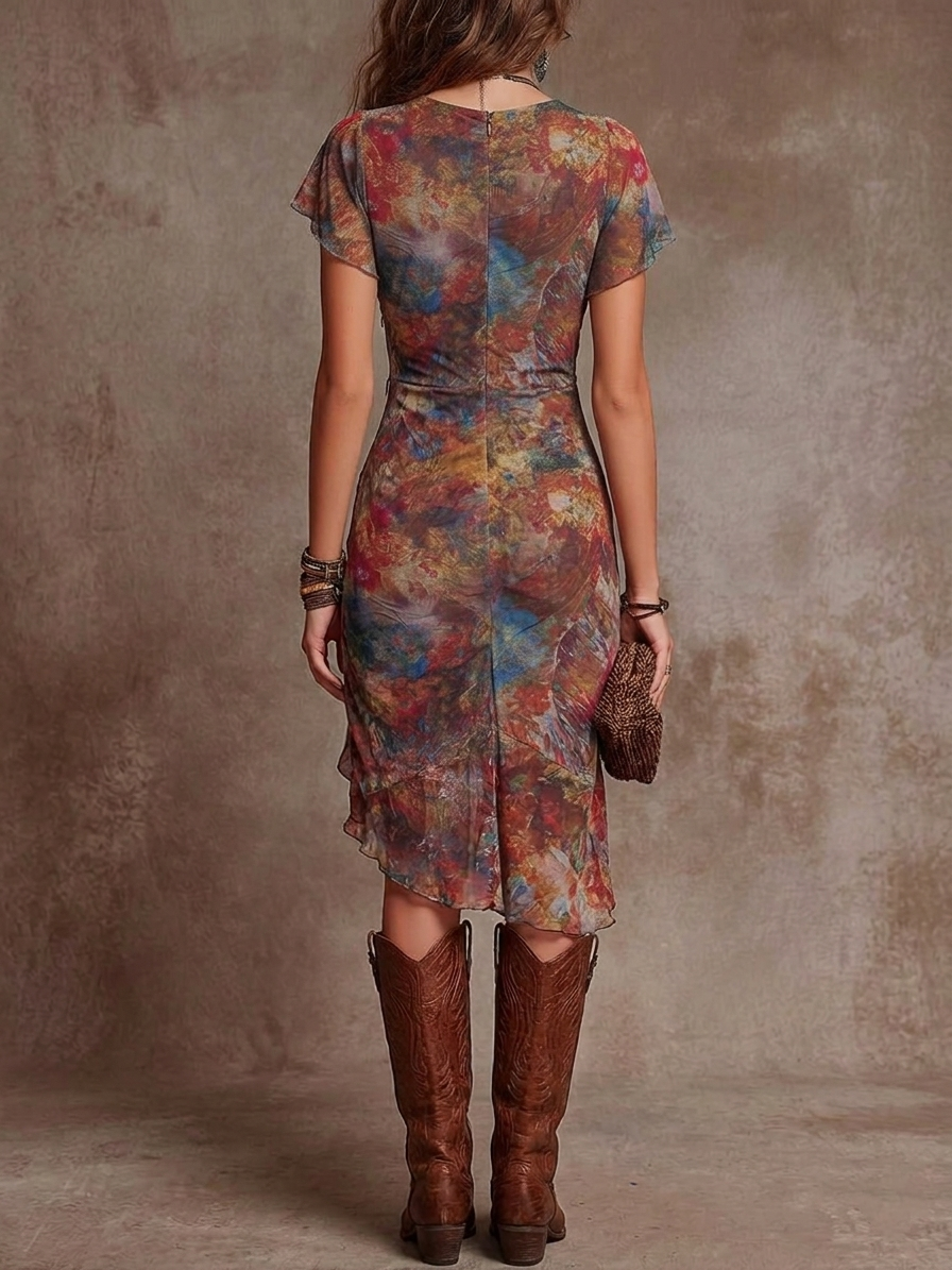 Martina ™ Vestido midi plisado con escote en V, estampado artístico abstracto de estilo bohemio