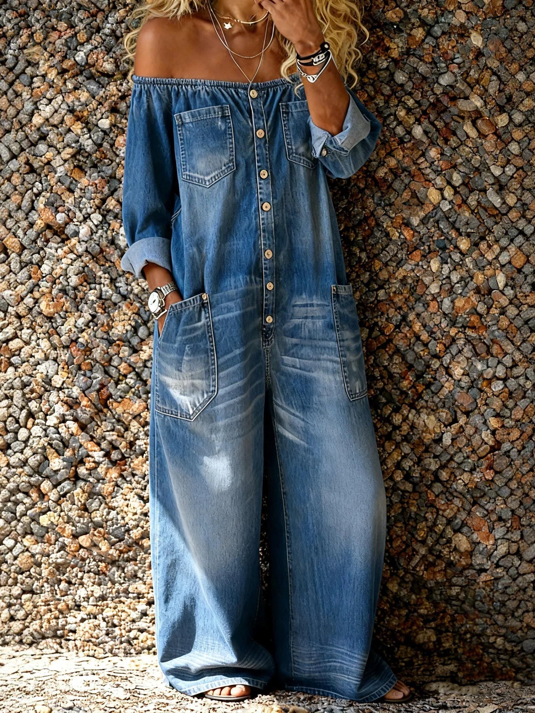 Noa | Mono de denim con escote de hombro descubierto