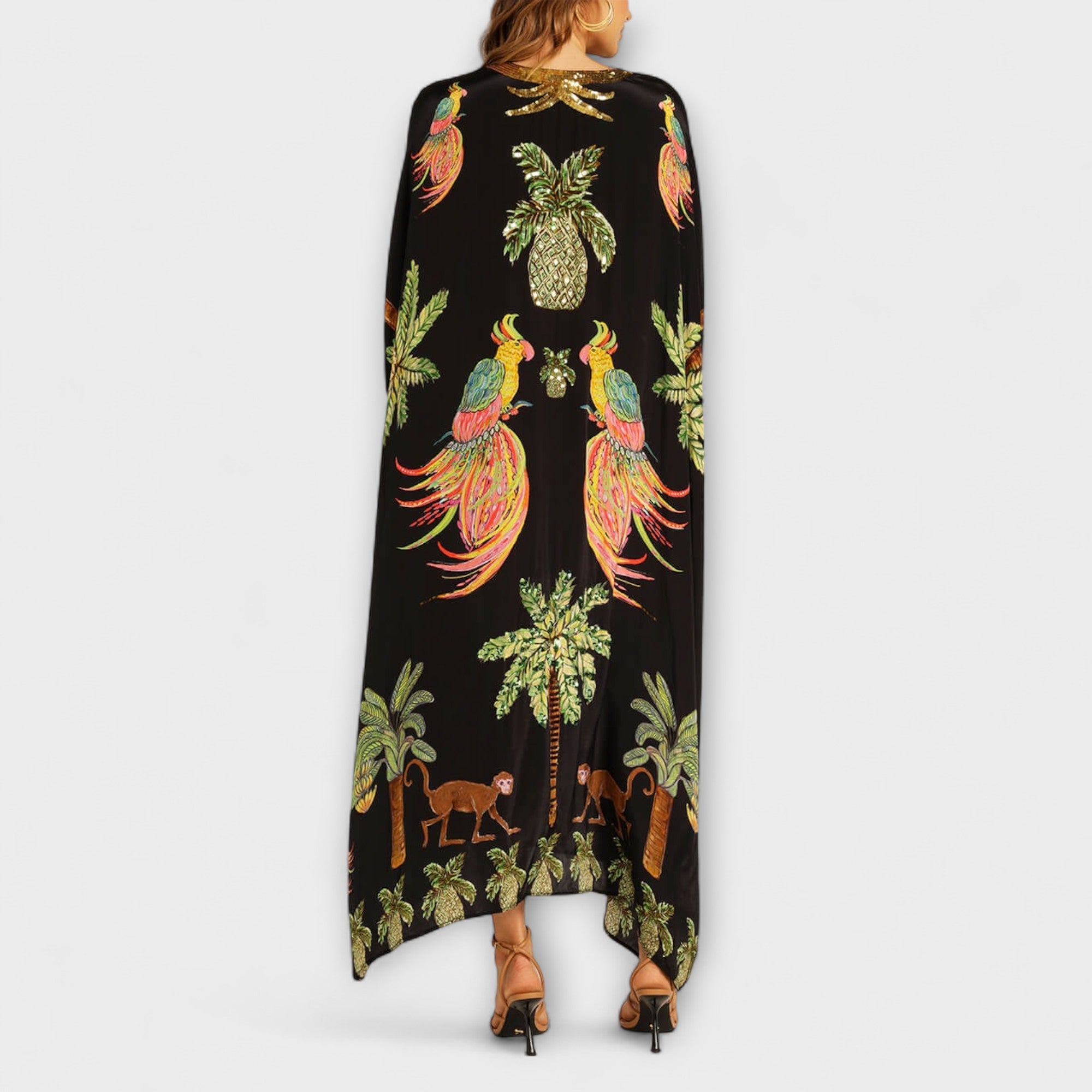 Linda - Vestido impresionante con tirantes asimétricos y estampado de palmeras