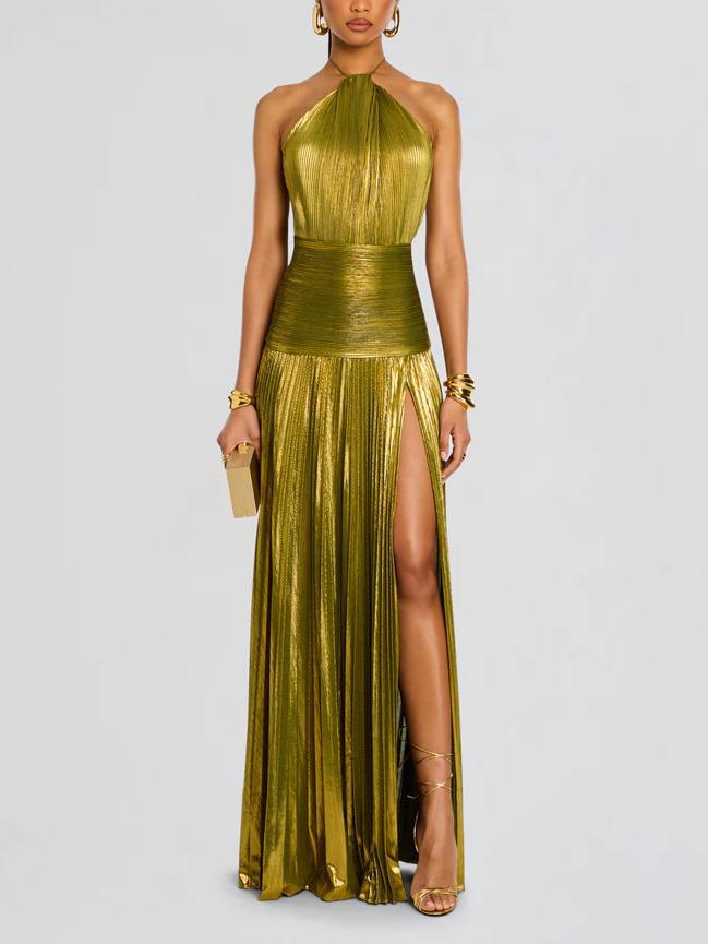 Vestido Halter Plisado Metálico de Moda