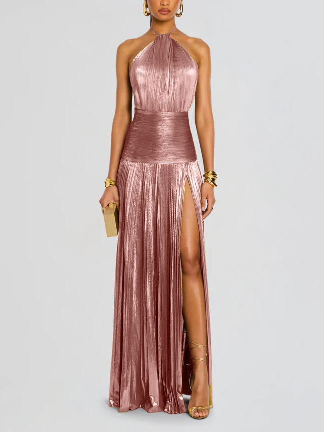 Vestido Halter Plisado Metálico de Moda