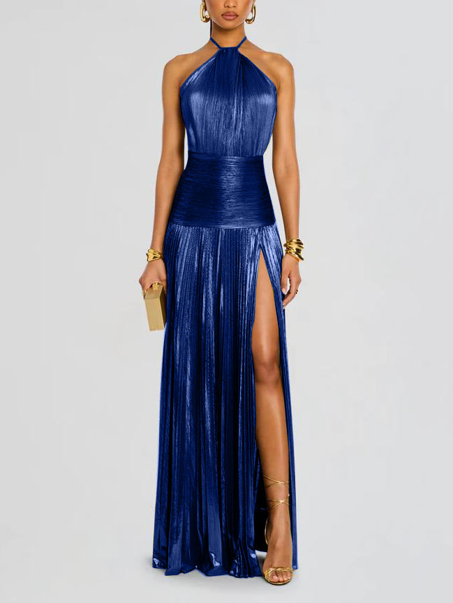 Vestido Halter Plisado Metálico de Moda