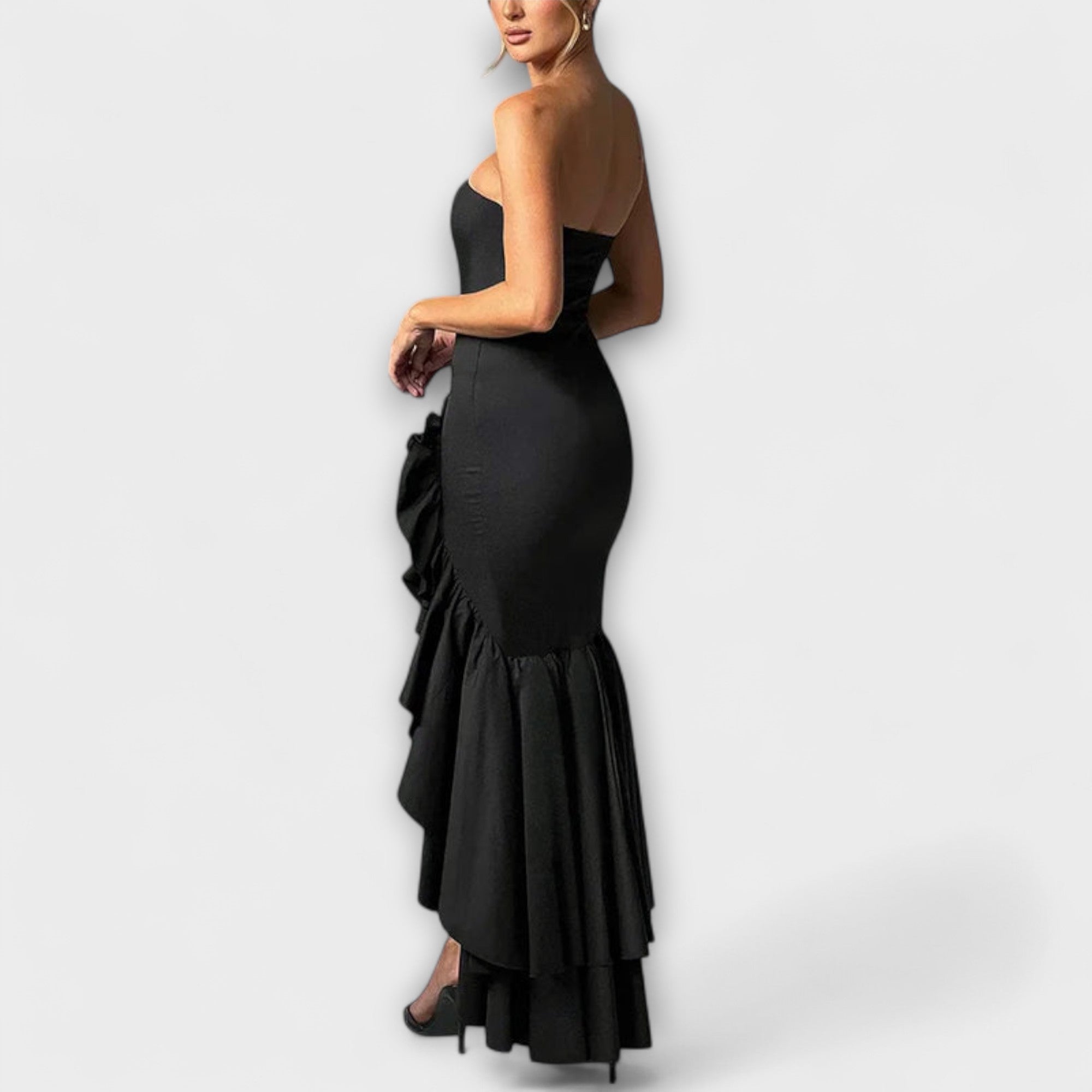 Zuri - Vestido maxi con hombros descubiertos y dobladillo asimétrico
