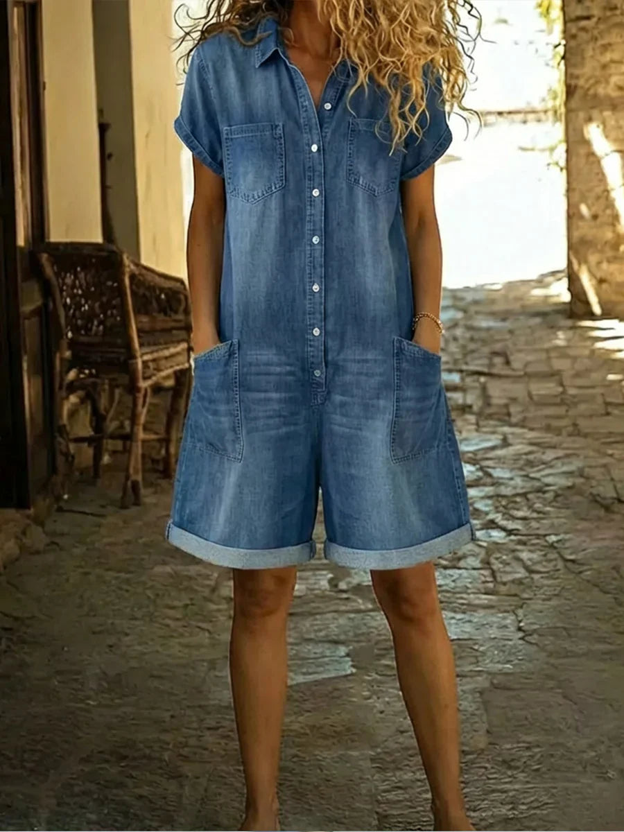 Elvora | Mono de denim con cuello y mangas cortas
