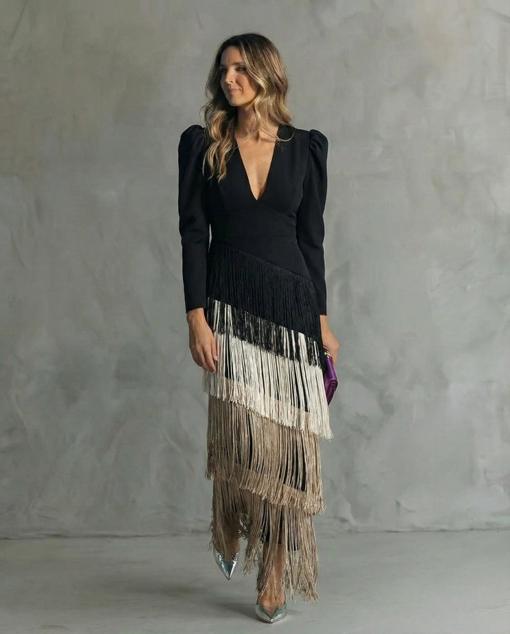 Alessia ™ Vestido midi elegante con mangas de flecos