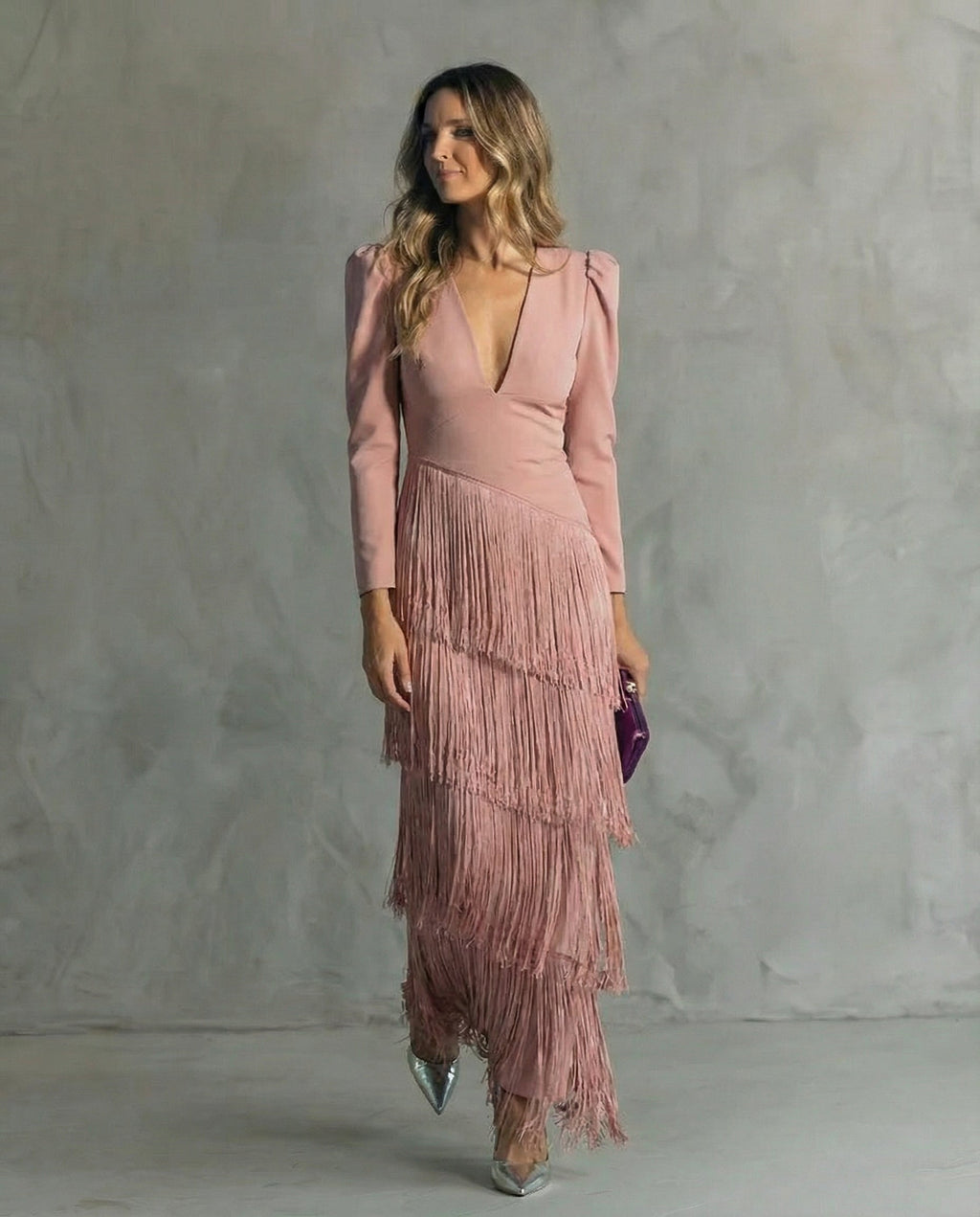 Alessia ™ Vestido midi elegante con mangas de flecos
