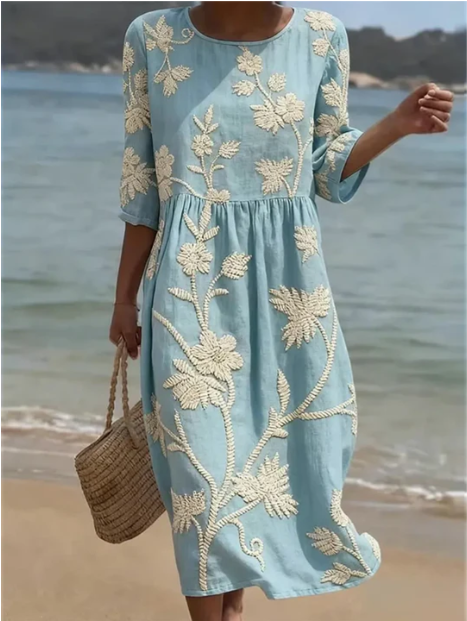 Kimberly | Vestido Midi con Estampado de Plantas y Flores