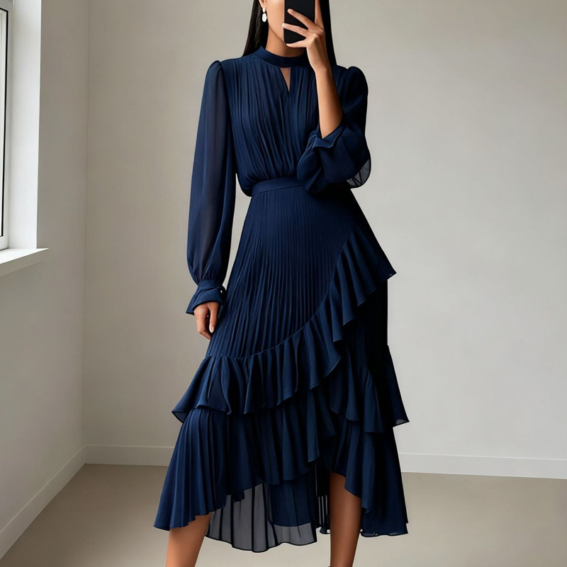 Vestido midi plisado elegante con volantes